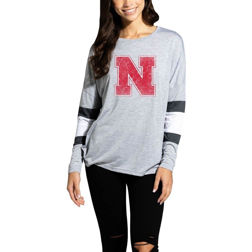 Camp David Nebraska Huskers Women L Grey Long Sleeve Colorblock Shirt NCAA